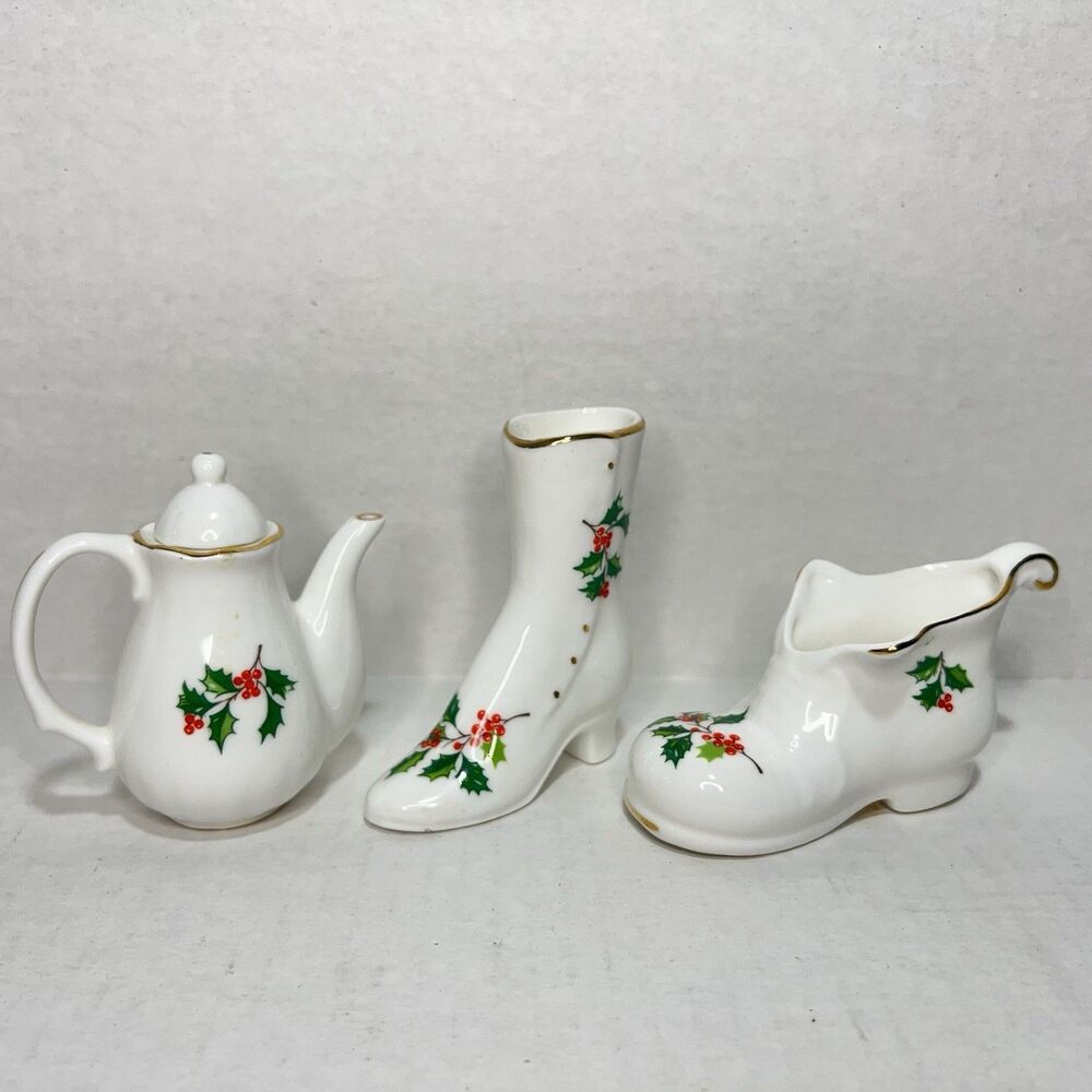 Vintage Bone China Miniatures Boot, Shoe Teapot Holly and Berries